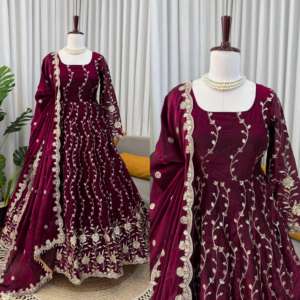 Hermoso Vestido Anarkali de Diseño Indio-Pakistaní, Tela de Seda Fendy, Bordado Elegante, para Fiestas, Bodas, Uso Casual, Ropa Tradicional para Mujer - Product Image 5