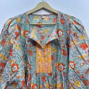 Vestido Casual Midi de Algodón Tejido con Estampado Floral para Mujer, Mangas Abullonadas, Cintura Imperio, Estilo Babydoll, Cuello en V, Corte Holgado - Product Image 2