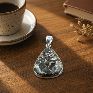 Pendentif en pierre précieuse Turritella naturelle, argent 925 plaqué or rose et or jaune, fait main, bijou en forme de larme, cadeau pour elle - Product Image 5