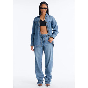 Custom Oversized Light Blue Casual Washed Comfortable Breathable Autumn Long sleeve <b>Shirts</b> for Women - Product Image 3