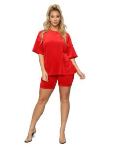 Nouvel ensemble décontracté été 2026 pour femme : T-shirt rouge oversize et short cycliste en coton et élasthanne - Product Image 2