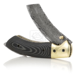 มีดพับเหล็กดามัสกัสทำมือ Damascus Deal รุ่น DD-FK-808 สีดำขาว ด้ามไมคาร์ต้า บอร์สเตอร์ทองเหลือง ใบมีดหนา 3 มม. ยาว 180 มม. - Product Image 1