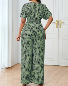 Women's High Waist V-neck Eco-Friendly Fleece Casual Breathable Summer Striped Printed Short Sleeve Jumpsuit - Product Image 5