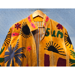 Veste Bohème Femme en Velours Doré Broderie Suzani avec Doublure en Lin Tissu Tissé Cadeau Automne Hiver Été - Product Image 4