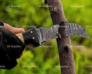 Cuchillo de caza y camping de hoja fija de acero de Damasco forjado a mano con punta de gota y filo recto, mango de resina de hueso de camello, funda personalizable OEM - Product Image 6