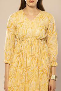 Vestido de Noche para Mujer, Diseño Abstracto Amarillo, Estampado, Corte Evase, Sin Mangas, para Fiestas Formales, Calidad de Exportación - Product Image 6