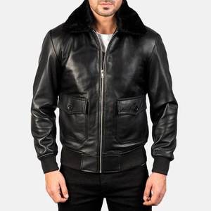 Black Genuine <b>Leather</b> Bomber Jacket <b>With</b> <b>Fur</b> Collar Zipper Closure Moto Style Winter Outerwear - Product Image 4