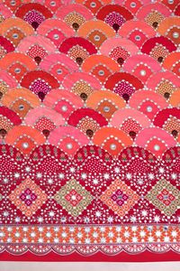 Bright Pink Geometric Mirror Work Placement Print Natural Crepe Fabric With Heavy Border For Designer Kurti And Ethnic Wear - Product Image 3