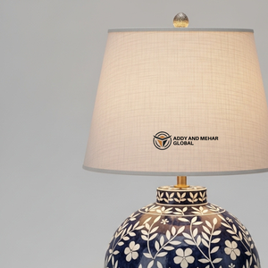 Lámpara de Mesa Artesanal con Incrustaciones de Hueso Azul y Patrón Floral, Lámpara Decorativa de Lujo para Mesita de Noche con Pantalla de Tela para Hogar y Hotel - Product Image 6