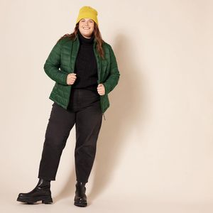 Women's Green Quilted Jacket Stand Collar <b>Full</b> Sleeve Zipper Closure Solid Color Regular <b>Length</b> Casual <b>Coat</b> - Product Image 3
