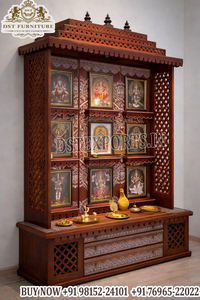 Traditional Swaminarayan Style Teak Wood Temple for Home Premium Gold Finish Hindu Temple Cabinet Intricately Carved Puja <b>Mandir</b> - Product Image 6