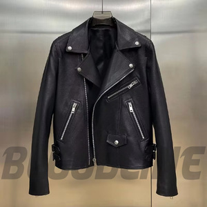 Chaqueta de Motociclista de Cuero PU Negra para Hombre, Cuello Camisero, Cierre de Cremallera, Corte Regular, para Otoño - Product Image 3