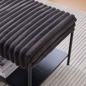Repose-pieds ottoman en fausse fourrure de 30,7 pouces de large avec pieds en métal noir, étagère de rangement ouverte en bois, tabourets et ottomanes - Product Image 6