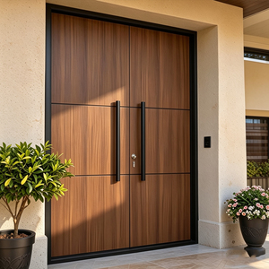 Portes d'entrée doubles contemporaines en bois massif avec cadre noir et poignées verticales pour usage extérieur GA-51L - Product Image 1