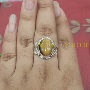 Natural Tiger Eye Gemstone <b>Ring</b> 925 Sterling Silver Handmade Wide Leaf Design Statement <b>Ring</b> Healing <b>Crystal</b> Jewelry for Women - Product Image 2