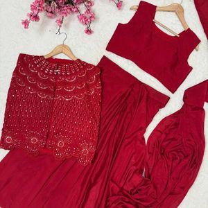 Karva Chauth Chinon Silk Floor-Length Jacket Koti Lehenga Saree Set Zari Thread Embroidery Ready Wear Blouse Festive Party Wear - Product Image 5