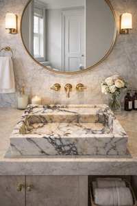 Lavabo de Baño Moderno Irregular de Mármol Natural Calacatta Viola con Protector Contra Salpicaduras y Desagüe para Uso en Almacenes - Product Image 3