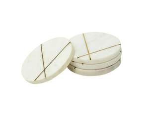 CROSS LINE BRASS INLAY Classic Eco-Friendly Set of 4 <b>Marble</b> <b>Coasters</b> White & Gold Natural and <b>Marble</b> Made in India - Product Image 5