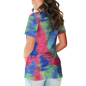 Camiseta de algodón de manga corta con cuello en V y estampado tie-dye para mujer, corte holgado, informal, de verano, largo a media pantorrilla, transpirable, para uso diario - Product Image 3