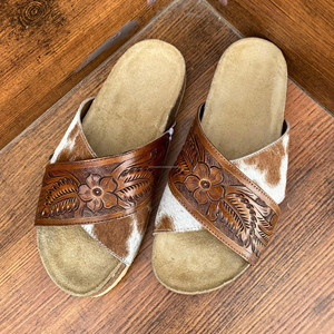Sandalias cruzadas florales con herramientas a mano occidentales, sandalias deslizantes de cuero de vaca con pelo genuino, chanclas para exteriores, calzado de mujer - Product Image 2