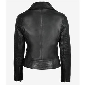 2026 New Design Ladies Black Real Leather Moto <b>Jacket</b> Quilted Sleeve Asymmetrical Biker Style Women’s Leather Outerwear - Product Image 2