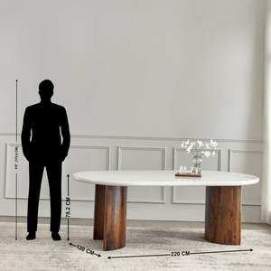 Modern Oval Dining Table with <b>Marble</b> <b>Top</b> and Wood Legs Stable Home Furniture 6 Seater - Product Image 2