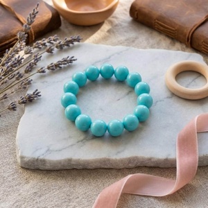 Bracelet extensible artisanal en résine, perles sphériques épaisses, rose turquoise, fait main - Product Image 4