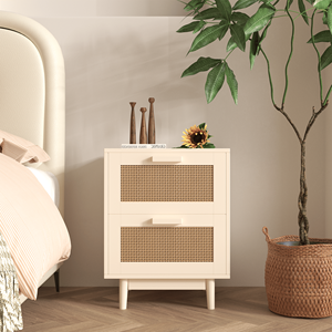 Comodino in Legno con 2 Cassetti Decorati in Finto Rattan, Tavolino Laterale con Spazio di Archiviazione per il Letto - Product Image 4