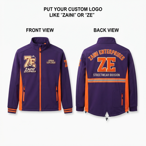 Veste Softshell en polyester et élasthanne de qualité supérieure 340 GSM, violette et orange avec empiècements latéraux contrastés, broderie personnalisée, logo imprimé - Product Image 1
