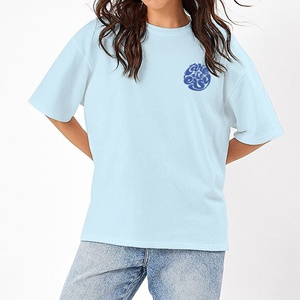 Fashionable Women Light Blue Shoulder Drop Crew Neck <b>T</b>-<b>Shirt</b> 100% Cotton Short Sleeve Casual Cartoon Print Regular Fit Spring - Product Image 1