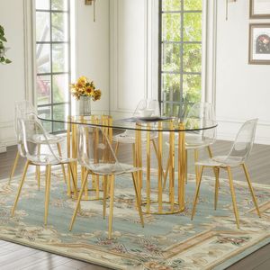 Tavolo da Pranzo Ovale di Lusso in Vetro Temperato da 71 Pollici con Doppia Colonna Dorata e 6 Sedie Trasparenti - Set Elegante per Sala da Pranzo - Product Image 3