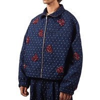 Blouson unisexe personnalisable en denim coupe courte, tricoté, respirant, avec fermeture éclair intégrale, col côtelé, broderies florales et patchs, en viscose matelassée