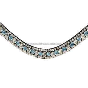 Pierres de cristaux bleus et clairs de marque de qualité supérieure bande de front de cheval en cuir anglais noir décorative en plein cob sur les tailles - Product Image 3