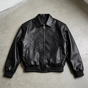 <b>Men's</b> Gothic Embossed Faux Leather <b>Jacket</b> Silver Cross Zip Streetwear Bomber Turn-down Collar Dark Luxury Coat - Product Image 1