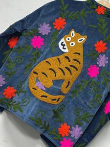 Vintage <b>Navy</b> Blue Velvet Suzani Embroidered <b>Jacket</b> with Tiger Pattern Full Sleeve Stand Collar Bohemian <b>Women's</b> Winter Outerwear - Product Image 4