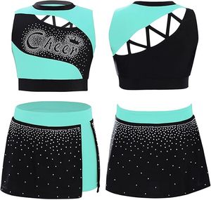 Conjunto de Dos Piezas para Animadoras, Color Verde Menta y Negro, Top Corto con Pedrería y Falda sin Mangas, Cintura Elástica, Ropa de Baile para Entrenamiento - Product Image 4