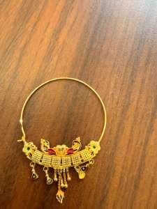 Anillo de nariz de oro macizo de 22k, joyería nupcial tradicional india, diseño de aro con esmalte floral de pavo real, tamaño grande, alambre para perforación. - Product Image 3