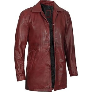 Manteau long en cuir véritable pour homme, col à revers cranté, simple boutonnage, coupe droite, rouge - Product Image 2