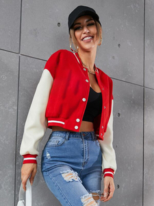 Premium Women's Red <b>White</b> Eco-Friendly Wool Leather Winter Varsity <b>Jacket</b> <b>Short</b> Cropped Button up Collar Full Sleeve OEM - Product Image 3