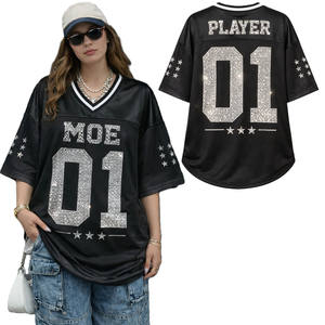 Camiseta Deportiva de Fútbol Americano Personalizada con Pedrería para Mujer, Estilo Oversize, Malla Transpirable, Ropa Urbana, OEM, Marca Privada, Venta al Por Mayor - Product Image 1