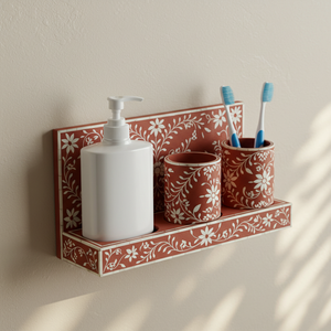 Handcrafted Floral Bone Inlay Bathroom Organizer Set Terracotta & White Wall-Mounted Vanity <b>Shelf</b> - Product Image 1