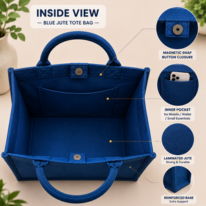 Sac fourre-tout en jute bleu imprimé sur mesure, écologique, réutilisable, pour courses, cadeau promotionnel, plage, mariage, avec poignées en corde - Product Image 5