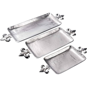 Juego de bandejas de servicio de aluminio plateado de lujo, hechas a mano, con elegantes asas con diseño de flor de lis, bandeja decorativa rectangular de primera calidad - Product Image 1
