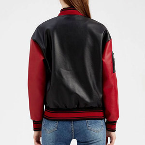 Women's Black Red Color Block Leather Bomber Jacket Full Sleeve <b>Zipper</b> Closure Stand Collar Short Length Autumn Style - Product Image 2