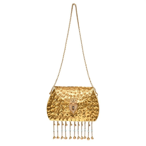 Handmade Hammered Gold Tone Evening <b>Bag</b> with Beaded Stone Pattern <b>Pearl</b> Fringe Chain Strap Bridal <b>Clutch</b> - Product Image 2