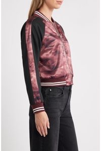 Veste universitaire pour femme, motif tie-dye, manches noires, corps bordeaux, fermeture éclair intégrale, coupe courte - Product Image 2