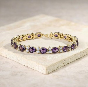 Pear Cut Natural Amethyst Stone <b>Bracelet</b> in 925 Sterling Silver Gold Plated Luxury Tennis Jewelry for Women's Party Occasions - Product Image 1