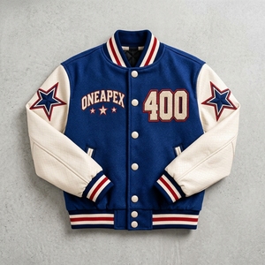 Veste de baseball pour homme, bleu et blanc, en laine avec manches en cuir, design étoiles brodées, veste bomber d'équipe - Product Image 1