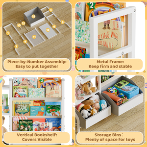 Organisateur de rangement pour livres et jouets pour enfants, étagère à livres à 3 niveaux avec 2 bacs en tissu, étagère Montessori pour salle de jeux, chambre à coucher - Product Image 6