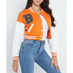 Brown Varsity <b>Jacket</b> With White Sleeves Embroidered Logo Button Closure Short Length Autumn Wear - Product Image 5